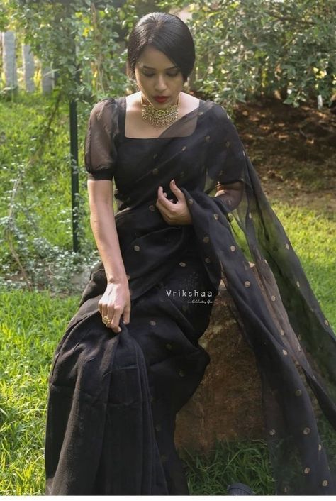 Sandal Colour Saree Contrast Blouse, Black Saree Styling Ideas, Black Blouse Ideas, Black Saree Ideas, Black Saree Styling, Black Blouse Designs For Saree, Full Sleeve Blouse Designs, Black Saree Blouse Designs, Black Blouse Designs