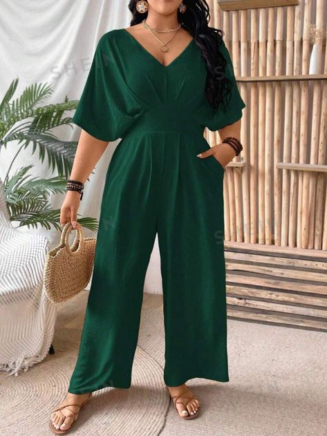 SHEIN VCAY Backless Short Sleeve Jumpsuit For Business Casual | SHEIN EUQS Manche, Emerald Green Pant Suit, Business Jumpsuits For Women, Wedding Outfit Pants Women, Plus Size Fashion For Women Indian Wedding, Green Jumpsuit Outfit Wedding, Business Outfits Women Plus Size, Green Wedding Guest Outfit, Rakhi Outfits