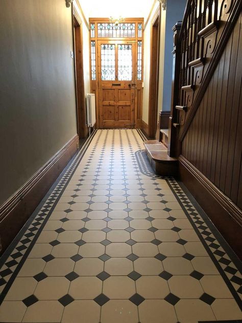 Victorian Tiled Floors - geometric floor tiling specialist Victorian Tiled Hallway, Vintage Tile Floor, Victorian Entrance, Victorian Hallway Tiles, Hallway Tiles Floor, Hall Tiles, Victorian Hallway, Entry Tile, Victorian Floor Tiles