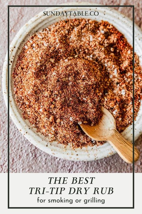 This tri-tip dry rub is perfect for smoking or grilling! It has brown sugar, garlic, onion, paprika, chili powder, salt, pepper, and a bit of spice for a flavorful, simple dry rub recipe. Forget marinade, dry rubbing is easy, quick and so delicious! Just season the trip-tip, grill it or smoke it, and use the steak on sandwiches, crostini, or just on its own. You can also use this seasoning on any cut of steak or BBQ recipe. No matter how you eat it, this rub will make for the best tri-tip ever! Dry Rub Tri Tip Recipe, London Broil Dry Rub Recipe, Dry Rub Steak Recipes, Tri Tip Dry Rub, Tri Trip Recipe, Tri Tip Seasoning Rub, Tri Tip Dry Rub Recipes, Dry Rub For Steak Grilling, Tri Tip Seasoning Recipes