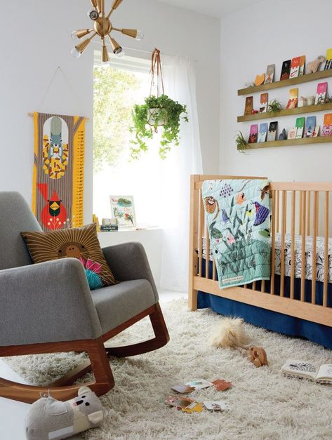 Crate And Barrel Nursery, Colorful Boy Nursery, Funky Nursery, Cool Nursery, Rugs For Kids, Retro Nursery, Bright Nursery, Best Rugs, Nursery Room Furniture