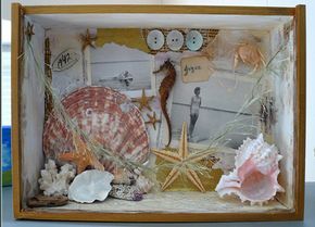 shadowbox Ideas With Shells, Beachcombing Art, Beach Art Projects, Box Painting Ideas, Beach Shadow Boxes, Seashell Shadow Boxes, Shadow Box Memory, Box Painting, Diy Shadow Box