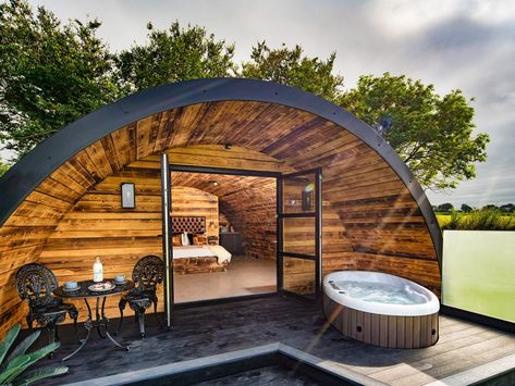 The Piglet Pod | Llanarth | Fron-wilym | Self Catering Holiday Cottage Unique Glamping, Quonset Homes, Quonset Hut Homes, Arched Cabin, Garden Pods, Camping Pod, Quonset Hut, Pod House, Private Hot Tub