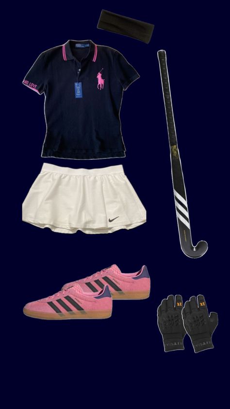 Field hockey girls outfit, pink gazelles, Ralph Lauren women’s polo top, Nike tennis white skirt Field Hockey, Ice Hockey, Pilates, Sports, Field Hockey Outfits, Hockey Outfit, Hockey Outfits, Sport Outfits, Hockey