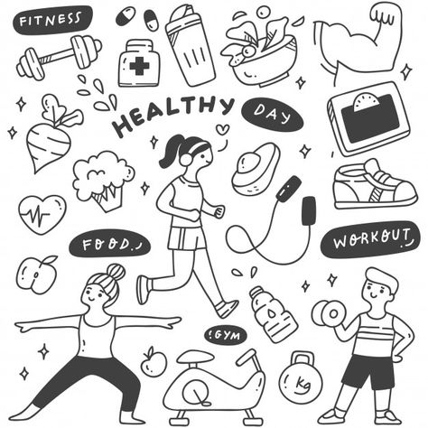 Exercise people with food and equipment | Premium Vector #Freepik #vector #food #sport #character #cartoon Exercise Doodles, Gym Drawing, Exercise Drawing, Sports Cartoon, Minimalist Bullet Journal, Food Doodles, Vector Food, Character Cartoon, Sketch Notes