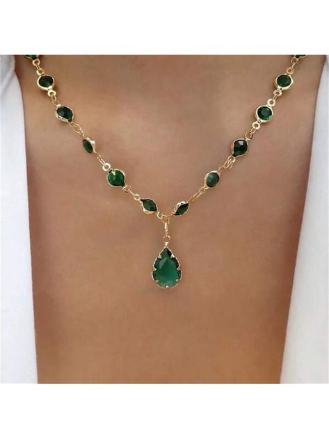 Green  Collar  Glass Rhinestone   Embellished   Women Fashion Jewelry Emerald Gold Necklace, Collar Verde, Emerald Green Jewelry, Punk Choker, Emerald Green Necklace, Angel Pendant Necklace, Wedding Green, Prom 2024, Green Accessories