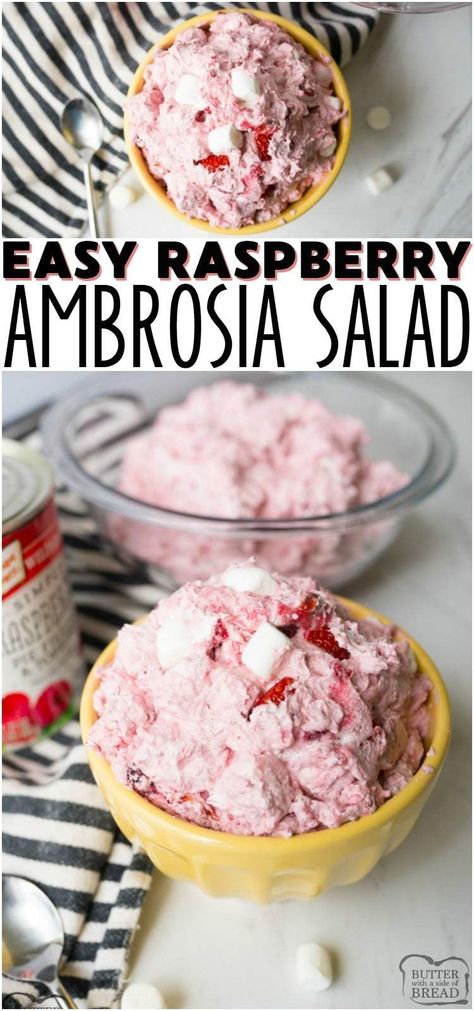 Raspberry Ambrosia Salad is a simple, sweet side dish perfect for holidays! With only four ingredients, this ambrosia salad recipe tastes incredible and is easy to make. #ambrosia #raspberries #sweet #holidays Ambrosia Salad Recipe, Raspberry Pie Filling, Ambrosia Recipe, Winter Fruit Salad, Creamy Fruit Salads, Jello Salads, Fabulous Desserts, Raspberry Chocolate Chip, Fruit Ideas