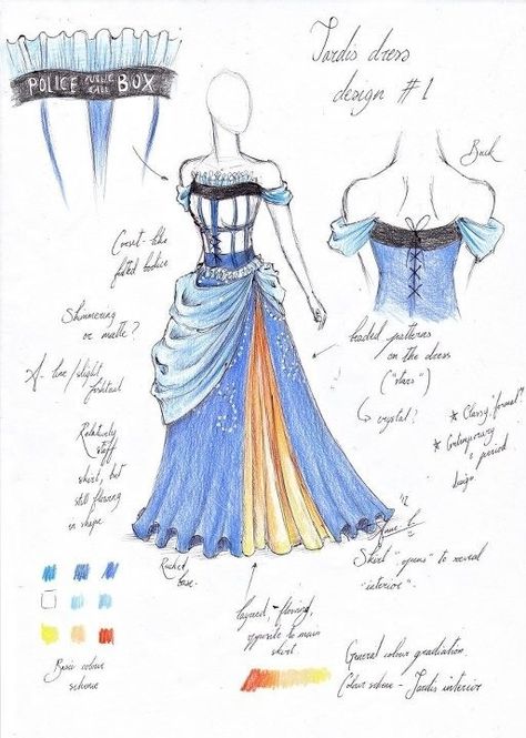 TARDIS dress--I'd wear it. Tardis Dress, Geeky Wedding, Diy Kostüm, Hallowen Costume, The Tardis, Fashion Fantasy, Fashion Drawings, Military Ball, K Fashion