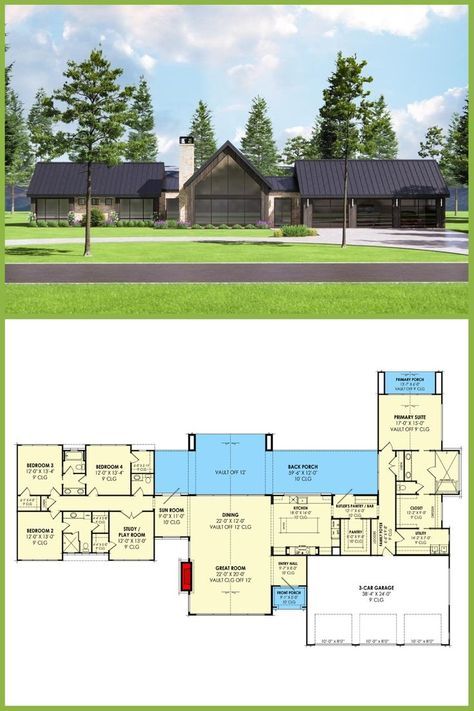 Porch Floor Plan, Modern Ranch Home, Ranches Living, 1 Story House, Porch Floor, Housing Design, New Zealand Houses, 4 Bedroom House Plans, Porch Flooring