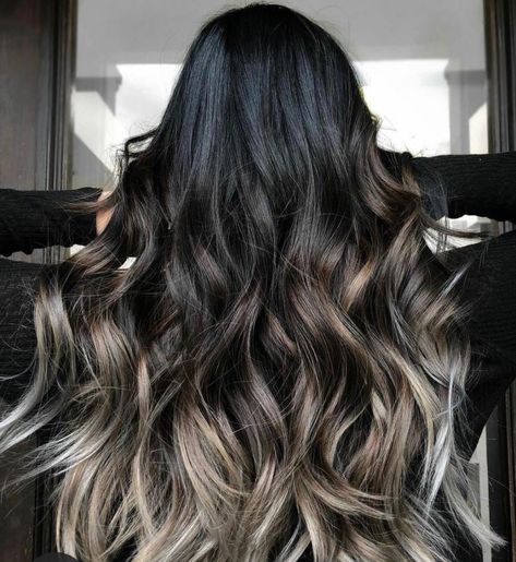 Smokey Baylage Hair, Caramel Blonde Balayage On Black Hair, Balayage Hair Black Roots, Black Hair With Blonde Ends, Full Balayage Black Hair, Ashy Balayage On Black Hair, Black And Blonde Balayage, Black Hair With Silver Highlights, Black Hair Blonde Highlights