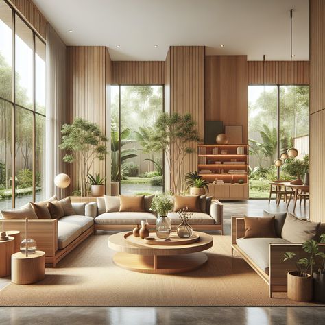 The room should feature wooden furniture styled in a contemporary manner, with a spacious layout and an open plan design. Natural light should dominate the room, flooding in from tall windows that showcase the view into a beautiful garden. Earthy tones, plants, and sustainable materials should be a notable part of the décor. This design aims to create a warm, welcoming environment that seamlessly blends the indoors with the outdoors, serving as an inspirational image for a remodel project. Rattan Interior Design Living Rooms, Japan House Design, Dreamy Living Room, Warm Wood Tones, Japan House, Tropical Interior, Bring Nature Indoors, Wood Interior Design, Living Room Styles