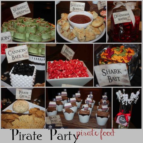 Pirate Party Food Ideas | More Pirate Party Ideas, Recipes, & Fun found: here Pirate Party Food, Pirate Food, Kids Pirate Party, Party Food For Adults, Double Birthday Parties, Pirate Themed Party, Pirate Party Invitations, Pirate Party Ideas, Pirates Party