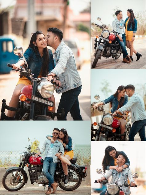 Couple Shoot With Bike, Couple Bike Pose, Pre Wedding Bike Poses, Couple Bike Photoshoot, Bike Pictures Photo Ideas, Outdoor Stills, Bike Couples Photography, Wedding Bike, Bike Pose