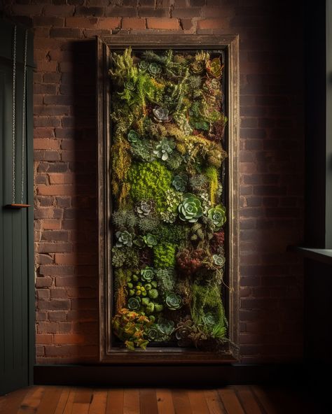 Moss and succulent wall decor, brick wall green plant wall decor, moss frame decor ideas Plant Wood Wall, Terrarium Wall Ideas, Moss Wall Frame, Moss On Brick Wall, Succulent Plant Wall, Moss Succulent Wall Art, Moss Frame Art, Framed Moss Wall Art, Moss And Succulent Wall