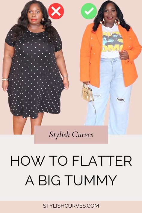 Body Shapes Plus Size, Plus Size Oval Shape Outfits, Plus Size Clothing Tips, Fashion For Apron Belly, Apron Tummy Fashion, B Belly Outfits Plus Size, How To Dress A Menopausal Belly, Plus Size Big Stomach Outfit, Plus Size Outfits With Jeans