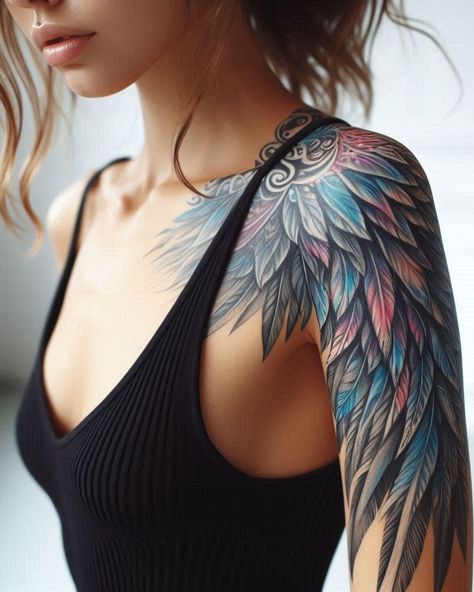 Angel Tattoos: Heavenly Inspiration for Your Next Ink | Pocoko Wing On Shoulder Tattoo, Wings Shoulder Tattoo, Shoulder Wing Tattoo, Angel Shoulder Tattoo, Angel Wings Tattoo Shoulder, Wing Tattoo On Shoulder, Tattoo Ideas Shoulder, Angel Wings Tattoo On Back, Ethereal Angel