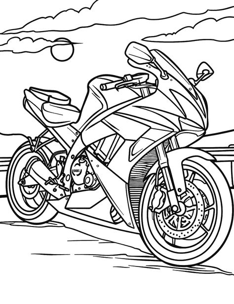 Sport Bike at Rest: A sleek sport bike parked with the sun in the background. (Free Printable Coloring Page for Kids) Cars Coloring Pages Free Printable, Coloring Pages Cars, Honda Coloring Pages, Car Coloring Pages, Dirtbike Coloring Pages Free Printable, Motorcycle Coloring Pages, Motorbike Colouring Pages Free Printable, Sports Car Coloring Pages Free Printable, Sports Car Coloring Pages