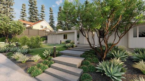 Front Yard Mid Century Landscaping, California Yard Landscaping Ideas, Slanted Front Yard Landscaping, Southern California Front Yard Landscape, Modern Mediterranean Landscape Design, Symmetrical Landscape Design, Front Yard Steps Landscaping, Modern Landscape Design Front Yard Entrance, Steps Front Yard