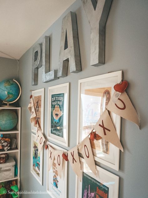 @survivalofasuburbanmom playroom vintage Disney prints Vintage Disney Playroom, Disney Play Room, Disney Playroom Ideas, Vintage Disney Bedroom, Disneyland Playroom, Disney Themed Playroom, Vintage Disney Decor, Disneyland Decor, Magical Playroom