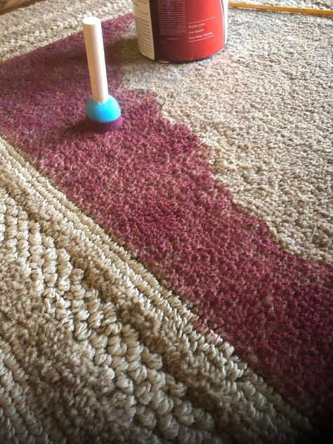 When You Can’t Find a Rug, Paint One! Diy Rug Painting, Metal Desk Makeover, Burgundy Bathroom, Stencil Rug, Rug Painting, Faux Brick Backsplash, Burgundy Walls, Vintage Milk Can, Painting Carpet