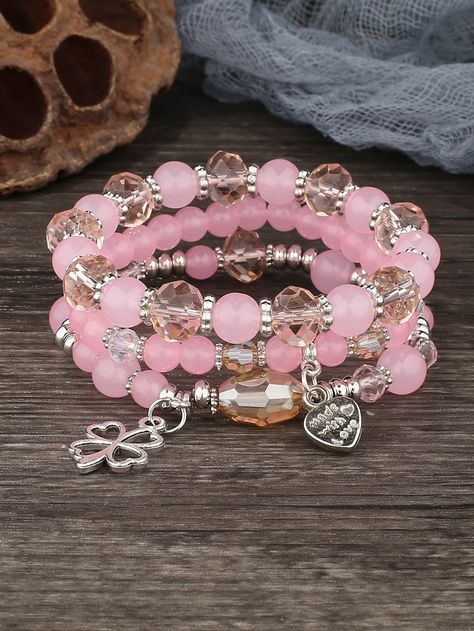 Trending Bracelet Designs, Glass Beaded Bracelets Ideas, Pink Bead Bracelet, Body Jewelry Diy, Xoxo Jewelry, Girly Bracelets, Pink Beaded Bracelets, Stacked Bracelets, Crystal Bead Jewelry