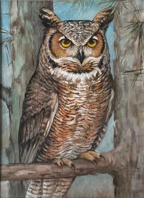 * Original horned owl painting made with acrylic paint on board. Framed in a high quality, second-hand wooden frame.  SIZE: 40 x 30cm (16 x 12 inches) * The painting shown in the first photo is in stock and available to buy. For other variations shown in subsequent photos, please allow approximately 1 week for them to be ready prior to shipping. When ordering, please make a note of which version you would like made. Other sizes can be painted upon request, please message to arrange. Prices will Halloween Owl Painting, How To Paint An Owl, Owl Pictures Art, Owl Painting Easy, Owls Paintings, White Owl Painting, Paintings Of Owls, Owls Aesthetic, Owl Art Painting