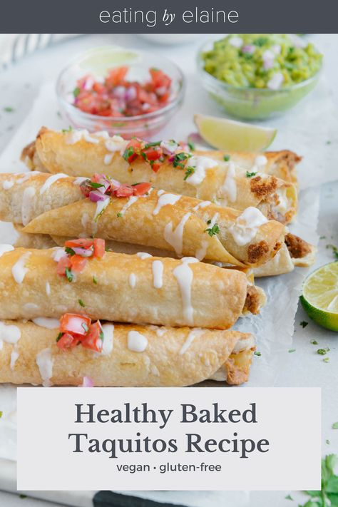 Taquitos Baked, Vegan Taquitos, Taquito Recipe, Baked Taquitos, Vegan Nachos Cheese, Taquitos Recipe, Vegan Nachos, Protein Baking, Gluten Free Tortillas