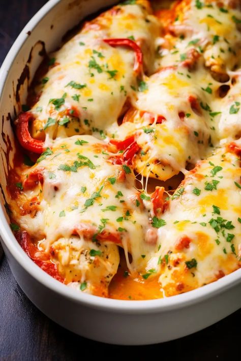 Cheesy Baked Chicken breast and Peppers - That Oven Feelin Chicken Peppers And Cheese, Cheesy Baked Chicken And Peppers, Asiago Chicken, Chicken Breast Oven, Pepper Rings, Cheesy Baked Chicken, Oven Baked Chicken Breasts, Chicken Breast Recipes Baked, Cheese Stuffed Peppers