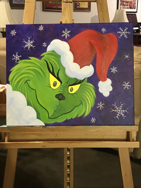 Acrylic painting 16x20 The Grinch The Grinch Christmas Painting, The Grinch Canvas Painting, Grinch Christmas Painting Canvases, Christmas Grinch Painting, Grinch Painting Easy, Diy Grinch Painting, Grinch Canvas Painting Diy, Whoville Painting, Grinch Painting On Canvas Easy