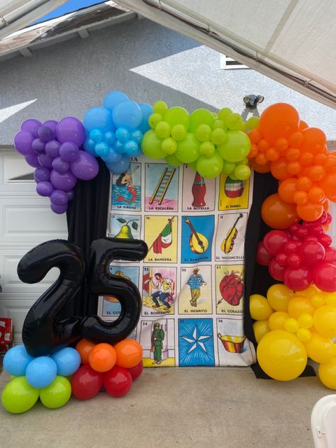 Loteria backdrop, balloon garland Loteria Theme Cake, Loteria Balloon Garland, Loteria Backdrop Ideas, Mexican Loteria Party Ideas, Loteria Centerpiece Ideas, Loteria Theme Party Ideas, Loteria Party Decorations, Loteria Backdrop, Loteria Birthday Party Theme