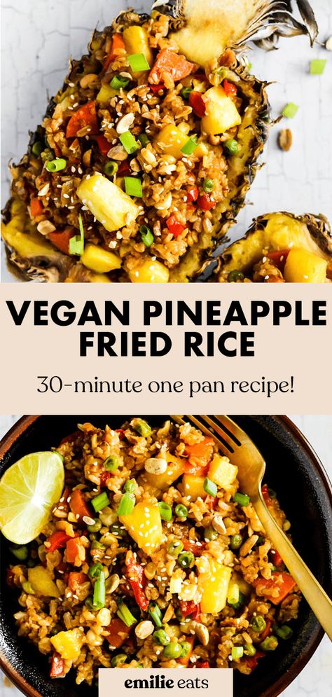 This Vegan Pineapple Fried Rice is a wholesome version of your favorite take-out dish! It's an easy vegan recipe perfect for busy weeknights! Vegan Pineapple Recipes, Vegan Pineapple Fried Rice, Vegan Fried Rice Recipe, Pineapple Rice Recipes, Pineapple Fried Rice Recipe, Vegan Fried Rice, Rice Recipes Vegan, Gluten Free Dinner Easy, Vegan Asian Recipes