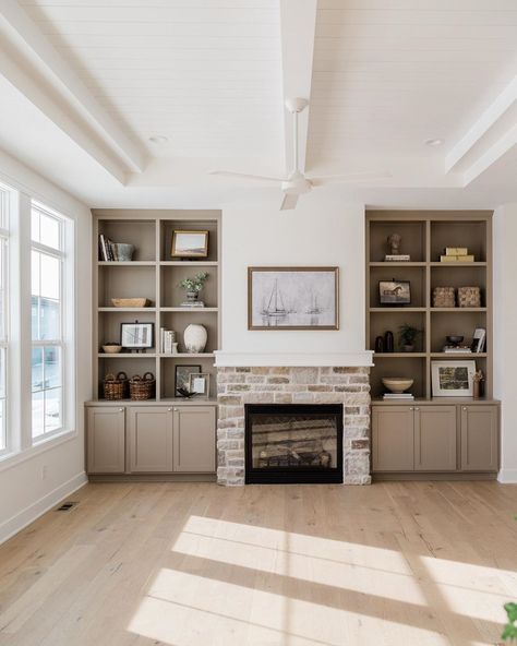 Oakstone Homes on Instagram: “No white built-ins here! We’re totally digging taupe. #oakstonehomes” Oakstone Homes, White Built Ins, Built In Around Fireplace, Fireplace Bookshelves, Built In Shelves Living Room, Living Room Built Ins, Fireplace Built Ins, Apartment Decoration, Home Fireplace