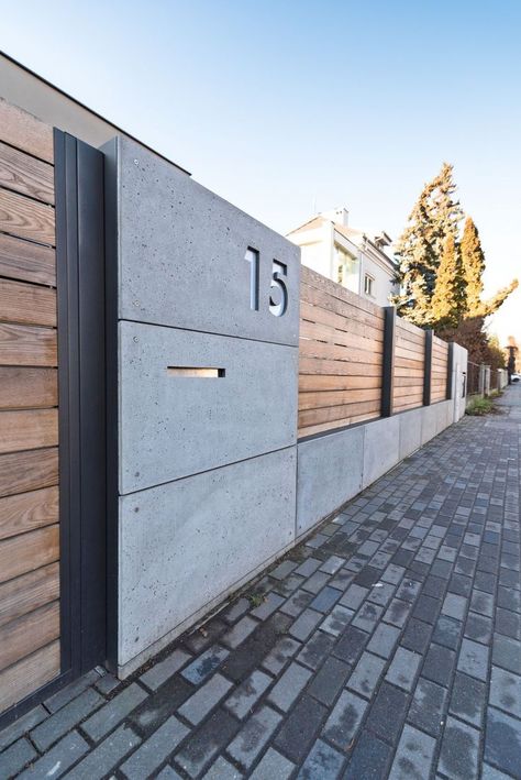 The Fence Design, Fence Design Concrete, Exterior Fence Design, Concrete And Wood Fence, Modern Fence Design Concrete, Modern Fence Design Wood, Fences And Gates Modern, Front Fence Design, Gate And Fence Design