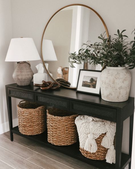 Studio Mcgee Black Console Table, How To Style A Foyer Entry Ways, Pottery Barn Rooms Living, Black And Wood Entry Table, Modern Farmhouse Black Furniture, Urban Farmhouse Living Room Ideas, Black Table Styling, Photos In Entryway, Studio Mcgee Black Entry Table