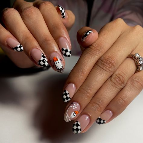 halloween nails w/ skeleton and ghost with beanies, and checkered nails! Nails were done by @fabdoesmynails on Instagram ! Cute Fall Nail Designs Acrylics, Cowgirl Ghost Nails, Fall Girly Nails, Cute Unique Nail Ideas, Halloween Checkered Nails, Halloween Gel X Nails, Groovy Halloween Nails, Checkered Halloween Nails, Fall Halloween Nail Designs