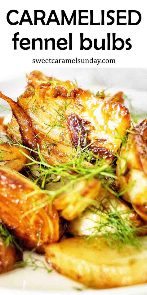 Cooked caramelised fennel wedges on white plate with chopped fennel fronds for garnish. Fennel Bulb Recipes, Roasted Fennel Recipes, How To Cook Fennel Recipes, Recipes Using Fennel Bulb, How To Use Fennel, Caramelized Fennel, Cooking Fennel, Roast Fennel, Scallops Fennel