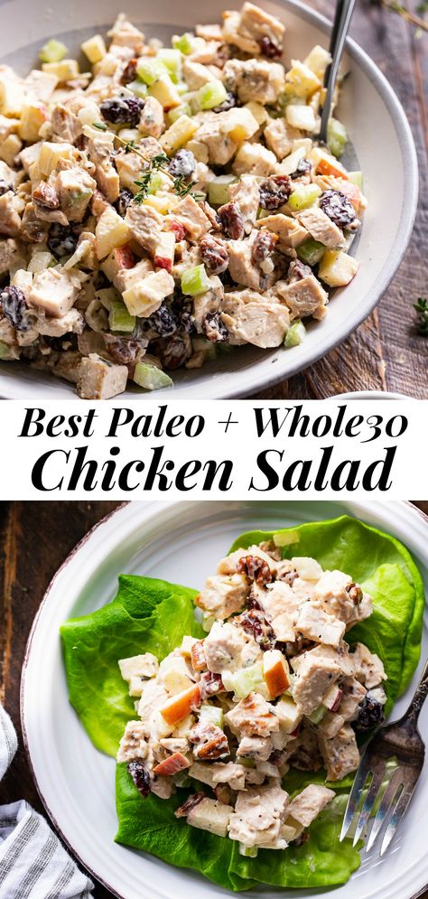 This healthy paleo chicken salad is packed with so many goodies like crunchy apples and celery, onions, cranberries, fresh herbs and tossed with an easy homemade mayo.  It's perfect over a salad, wrapped in greens or on its own for lunch or a snack!  Family approved, sugar free, dairy free and Whole30 compliant. #paleo #whole30 #cleaneating #chickensalad Paleo Chicken Salad Recipe, Cooked Chicken Leftovers, Paleo Chicken Salad, Whole30 Chicken Salad, Paleo Running Momma, Homemade Chicken Salads, Chicken Salad With Apples, Whole 30 Lunch, Paleo Salads