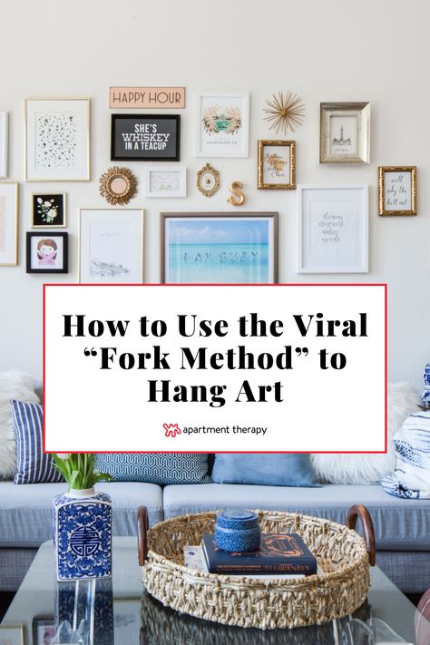 Learn how to use a fork to help make hanging a piece of art easier. How To Place Wall Art, Hanging Artwork Ideas, How To Hang Wall Art, How To Hang Art, Hanging Photos On The Wall Ideas, How To Hang Pictures On Wall, Hanging Art Ideas, House Rehab, Bathtub Spout