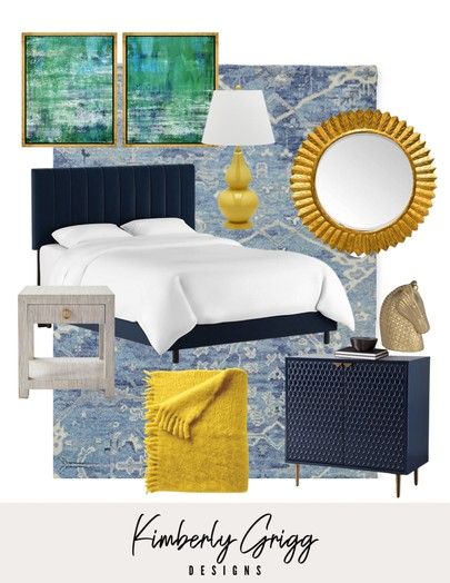 Gold And Blue Bed, Green And Navy Bedroom, Bluegreen Bed, Grandmillenial Nightstand, Blue And Gold Bedside Lamp, Dark Blue And Gold Bedside Table, Blue Green Bedrooms, Navy Bedrooms, Grand Millennial Decor