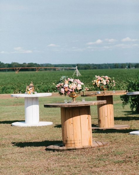 Wood Spool Tables Wedding, Barrel Tables Wedding, Wedding Spool Tables, Wooden Cable Spools Ideas, Spool Table Ideas Wedding, Spool Table Ideas, Small Engagement Party, Wild West Wedding, Wire Spool Tables