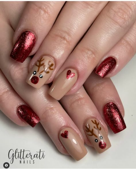 25 Elegant Reindeer Nails For Christmas 2021 - The Glossychic Holiday Nails Reindeer, Reindeer Nails Acrylic, Christmas Nail Reindeer, Reindeer Gel Nails, Christmas Nail Art Reindeer, Christmas Deer Nail Designs, Deer Nails Christmas, Reindeer Acrylic Nails, Christmas Reindeer Nail Designs