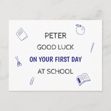 custom name first day at school stationery doodles Back to School - navy blue, back to school, first day at school, good luck card, card for student, primary school, college, high school First Day At School, School First Day, School Icon, Good Luck Cards, Blue Back, Apple Books, School Stationery, Card Card, School College