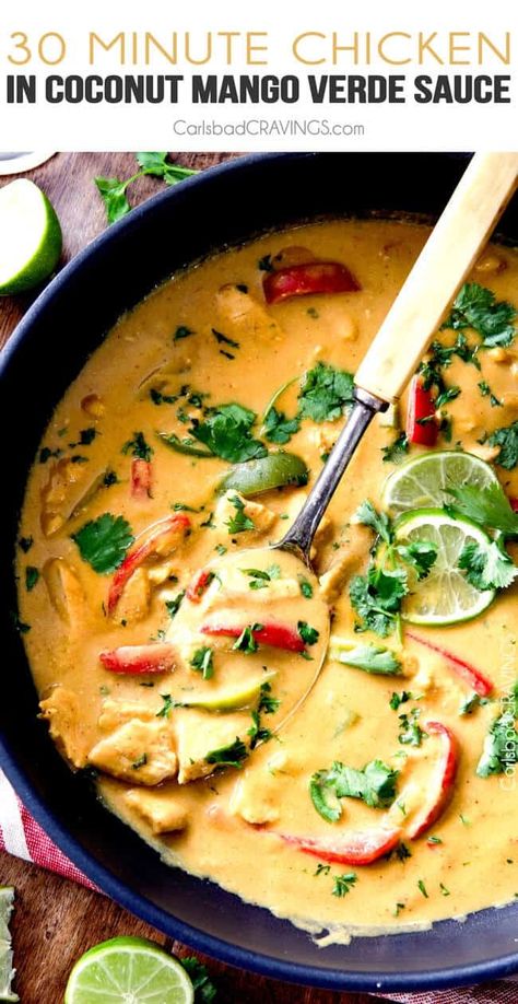 Chicken in Coconut Mango Verde Sauce - Carlsbad Cravings Mango Chicken Recipes, Mango Chicken Curry, Mango Verde, Clean Eating Chicken Recipes, Best Food Recipes, Verde Sauce, Mango Curry, Mango Chicken, Quick Meal Prep