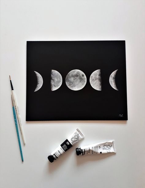 #watercolours #watercolor #art #watercolorpainting #watercolour #painting #artist #watercolorart #watercolors #watercolourpainting #artwork Moon Phase Painting, Moon Phases Drawing, Moon Phases Art, Canvas Board Painting, Black Canvas Paintings, Christmas Paintings On Canvas, Astronomy Art, Moon Drawing, Phases Of The Moon