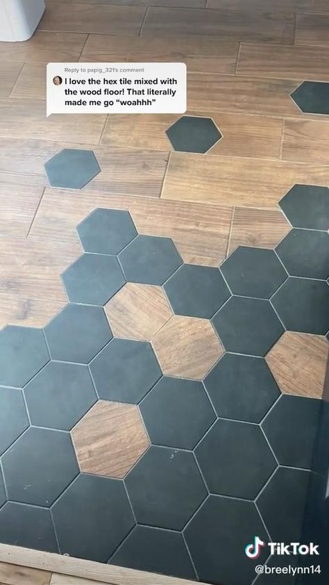 Hexagon floor mixed in with wood floor 😍😍😍 [Video] | House flooring, Tile to wood transition, Transition flooring Tile To Wood Transition, Bar Deco, Transition Flooring, Hexagon Floor, Wallpaper Kitchen, Wallpaper Bathroom, Bedroom Ideas Aesthetic, Aesthetic Bedroom Ideas, Bathroom Aesthetic