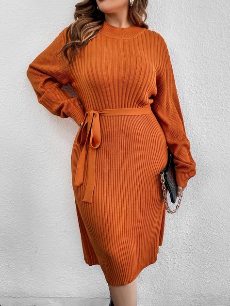 SHEIN Privé Plus Drop Shoulder Belted Sweater Dress | SHEIN USA Business Casual Sweater, Plus Size Knitwear, Plus Size Sweater Dress, Concert Attire, Plus Size Sweater, Belted Sweater, Solid Color Sweater, Autumn 2023, Fall Capsule Wardrobe