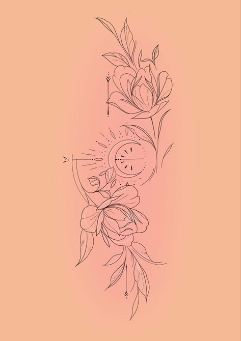 Floral moon Flowers Stars Tattoo, Ornamental Moon Tattoo Design, Geometric Flower Tattoo Design Women, Floral Tattoo Design Fine Line, Floral Simple Tattoo, Spine Tattoos Ornamental, Ornamental Vine Tattoo, Celestial Flower Tattoo, Ornamental Tattoo Ideas