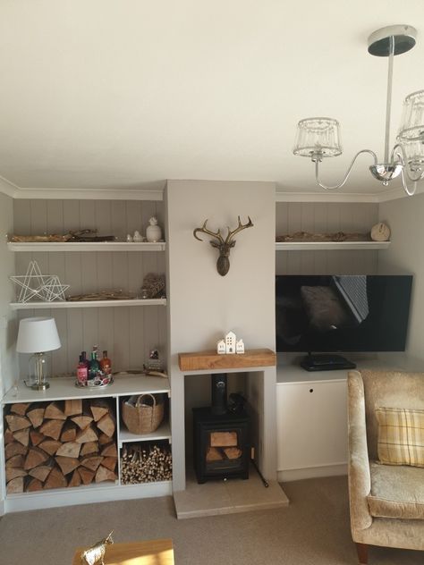 Tv Next To Log Burner, Log Burner Storage Living Rooms, Log Store Alcove, Wood Stove Built In Shelves, Log Burner Living Room Wood Storage, Built In Tv Wall Unit With Log Burner, Kitchen Log Burner, Log Burner Storage, Wood Burner Tv Wall