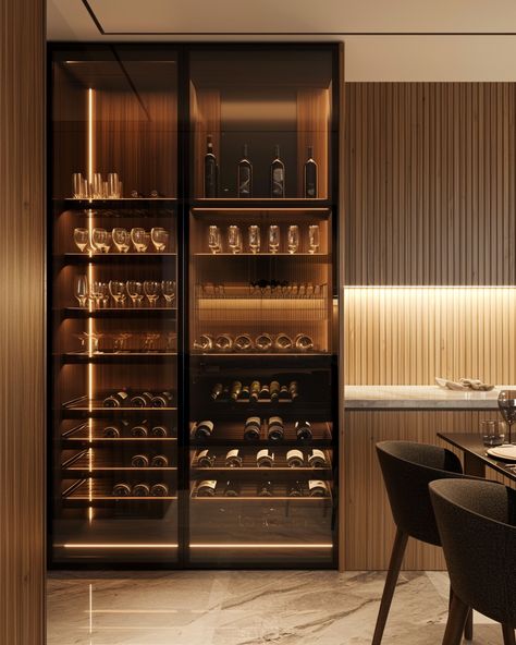 Custom Wine Refrigerator Cabinet, Wine Display Home, Wine Cabinet Luxury, Dining Room Wine Cabinet, Wine Built In Cabinet, Integrated Wine Fridge, Dream House Interior Kitchens, Interior Design 2025, Contemporary Home Bar Designs