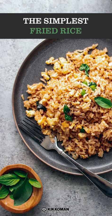 The Simplest Thai Basil Fried Rice | Want a quick recipe for a hungry family? This simple fried rice dish is a quick takeout at home recipe — it uses just 8 ingredients and most of them are already in your fridge or pantry! Comforting and delicious, this easy savory meal can use any veggies or protein you have on hand, and it's ready in under 30 minutes. You can easily freeze this meal for a quick dinner at a later date. It’s as easy as just cooking the rice! #Kikkoman Fried Rice No Peas, Fried Rice With No Vegetables, No Veggie Fried Rice, Fried Rice Recipe Without Vegetables, Fried Rice Recipe Easy No Veggies, Chicken Fried Rice No Veggies, Meal Prep Fried Rice, Fried Rice Recipe No Veggies, Fried Rice No Vegetables